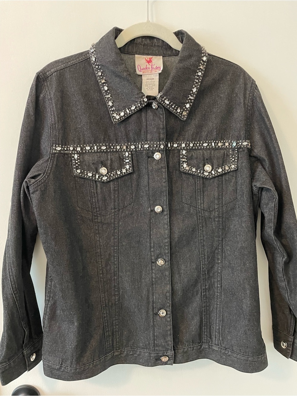 Quacker Factory Black Denim Rhinestone Beaded Jacket Medium Western Glam 0087